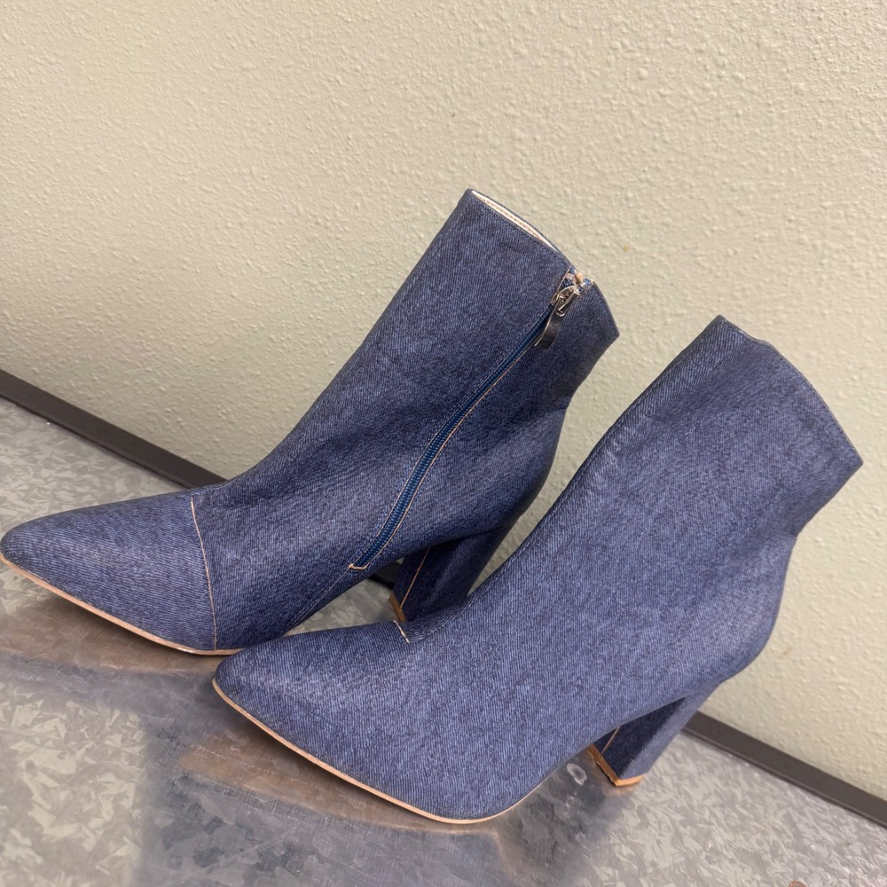Unbranded Denim Ankle Boots Womens 41 Blue Excellent Pointed Toe‎ Block Heel Zip